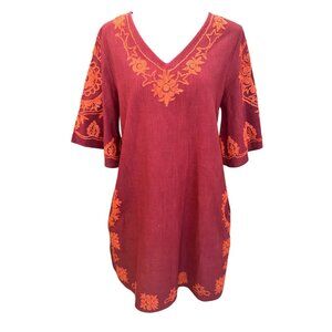Uncle Frank Boho Brick Red Tunic Dress Orange Embroidery V-Neck Bell Slv Women S